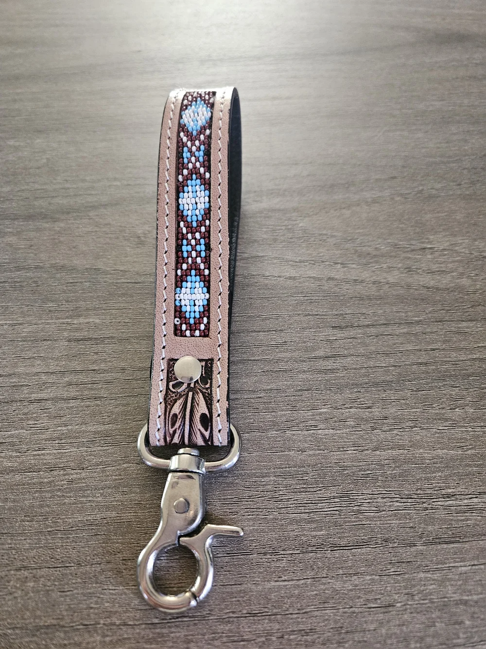 Beaded Tooled Leather Wristlet Keychain